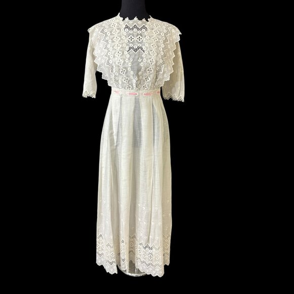 Unbranded Dresses & Skirts - Edwardian White Cotton Voile or Lawn Summer Tea Dress Eyelet Lace Antique 1900s